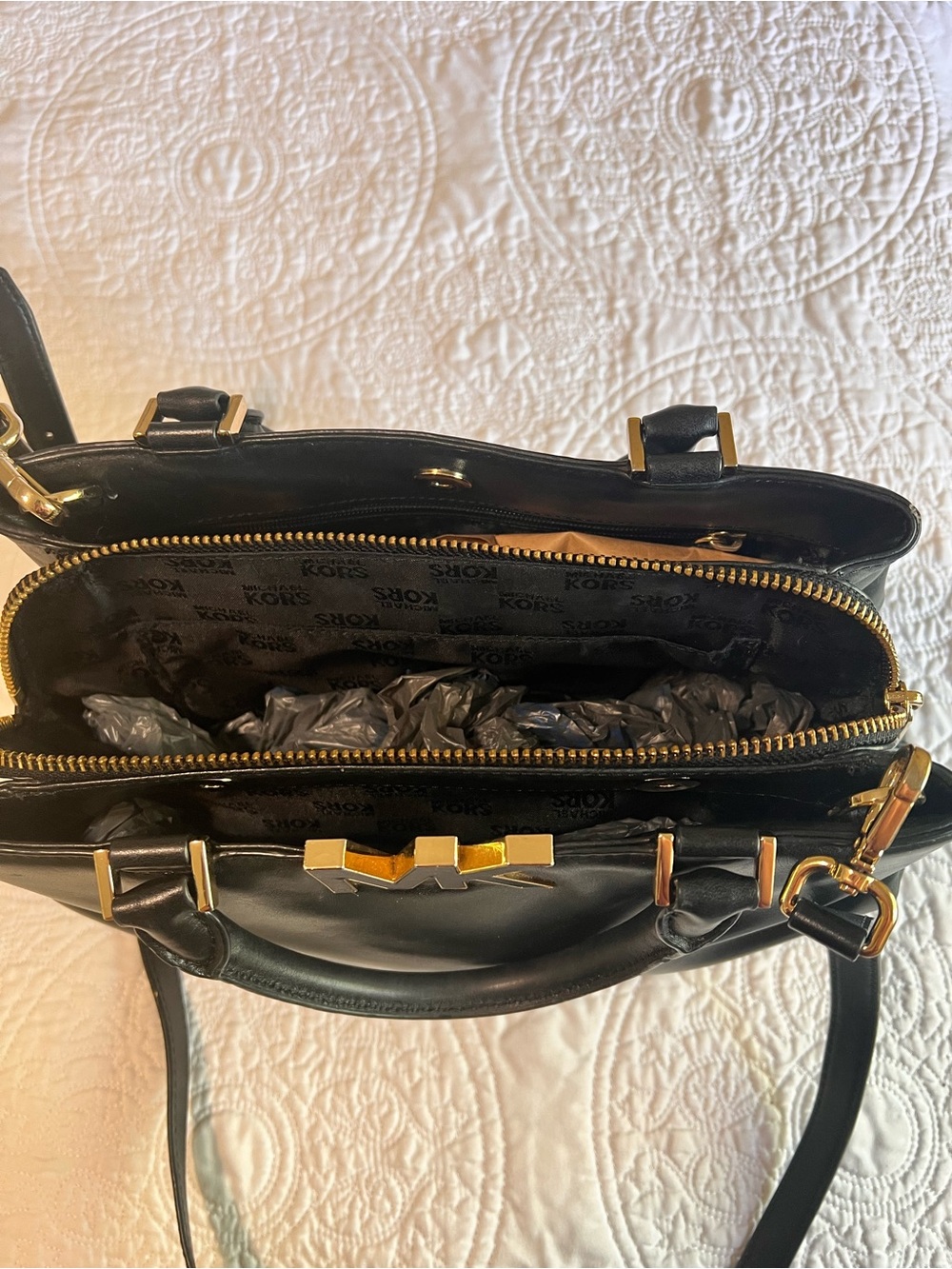 Michael Kors Black Leather Satchel with Gold MK Logo - Picture 2 of 6